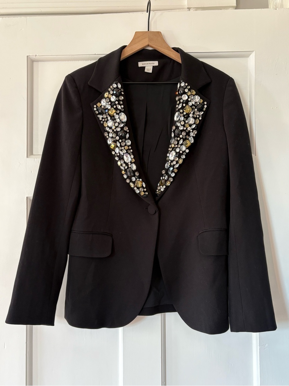 Boston Proper Black Bejeweled Lapel Blazer Jacket Rhinestone Classy Fancy 8